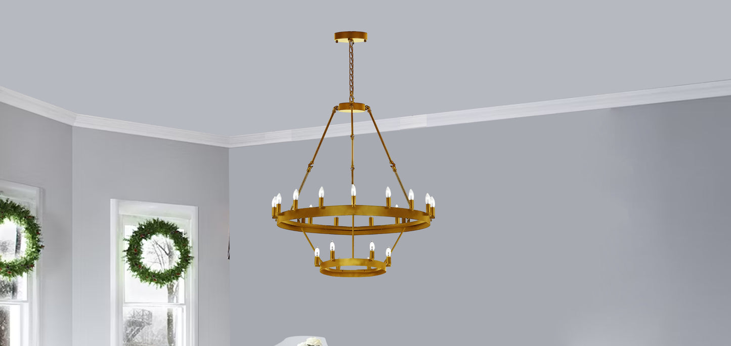 Wrought Iron Vintage Barn Metal Castile Two Tier Chandelier Chandeliers Industrial Loft Rustic Lighting W 26" H 55" - Gold - 199601803