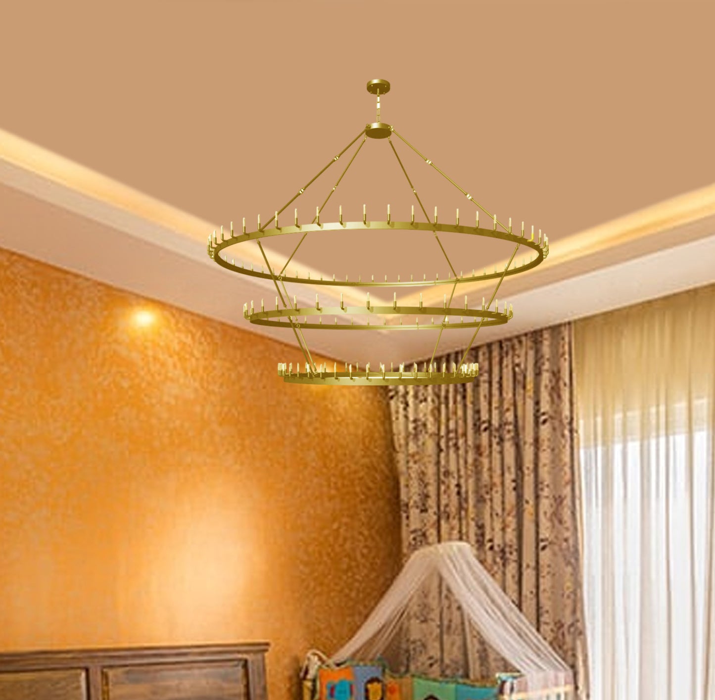 Wrought Iron Vintage Barn Metal Castile Three Tier Chandelier Industrial Loft Rustic Lighting W 122" in a Brushed Brass Finish Great for The Living Room, Dining Room, Foyer and Entryway, Family Room, and More - Gold - 199516203