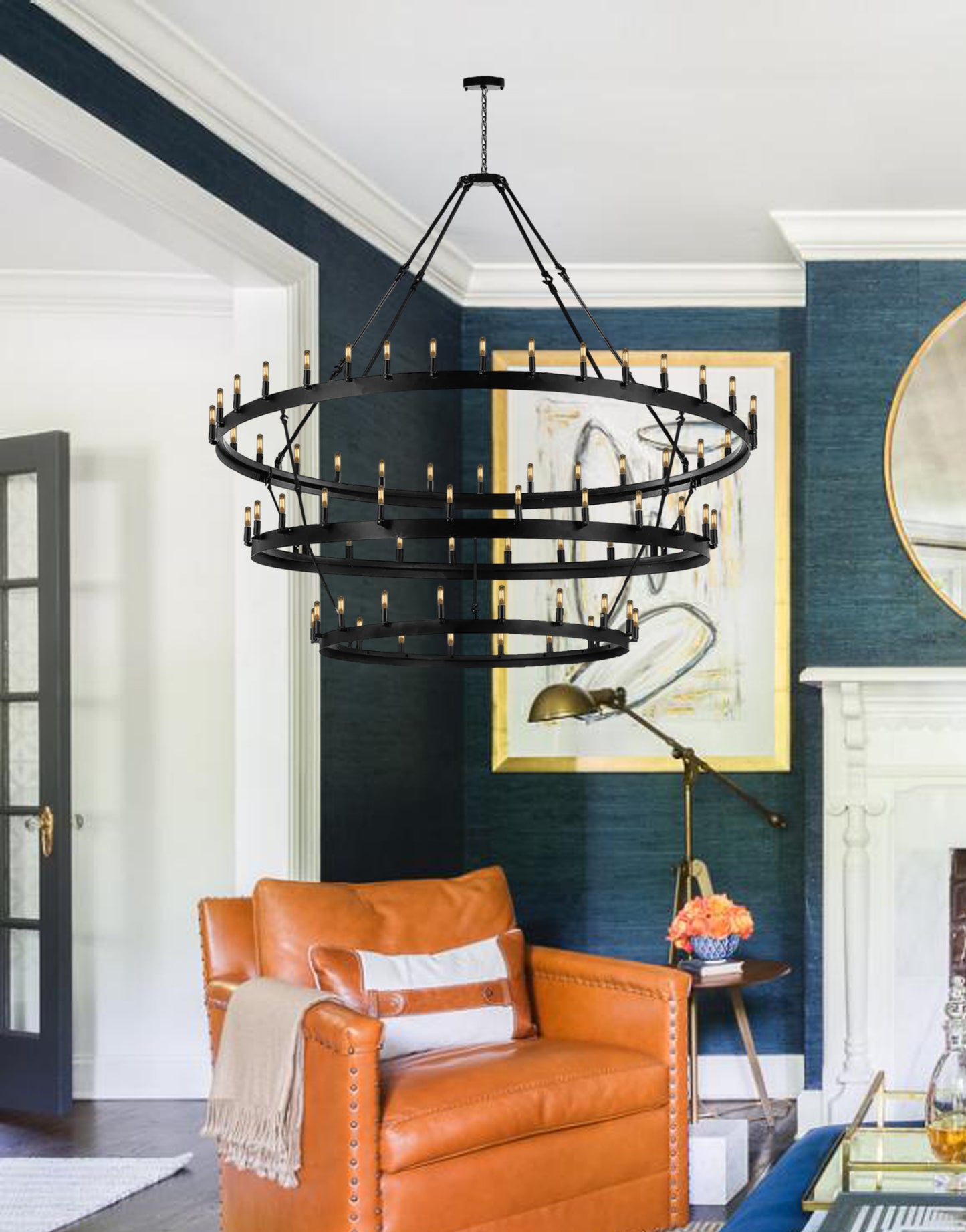 Vintage barn wrought iron grand size metal black chandelier