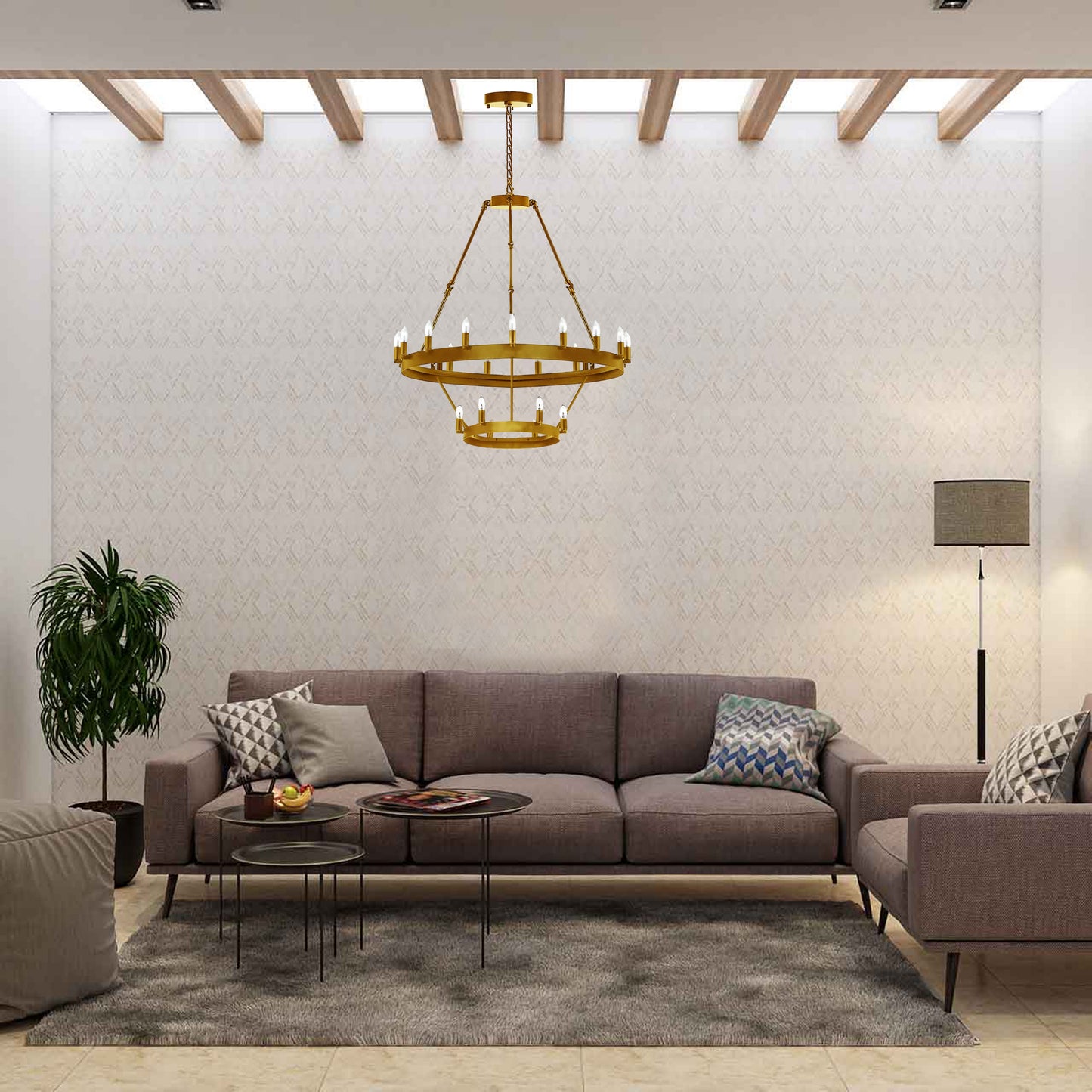 Wrought Iron Vintage Barn Metal Castile Two Tier Chandelier Chandeliers Industrial Loft Rustic Lighting W 26" H 55" - Gold - 199601803