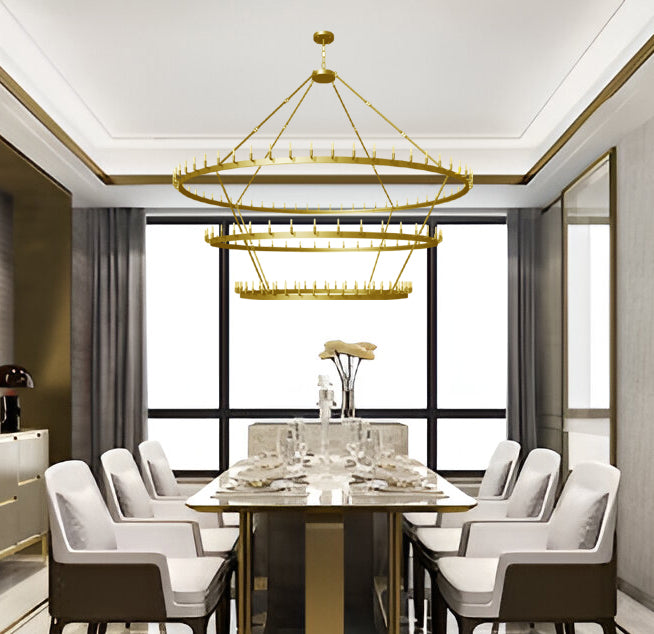 Wrought Iron Vintage Barn Metal Castile Three Tier Chandelier Industrial Loft Rustic Lighting W 122" in a Brushed Brass Finish Great for The Living Room, Dining Room, Foyer and Entryway, Family Room, and More - Gold - 199516203
