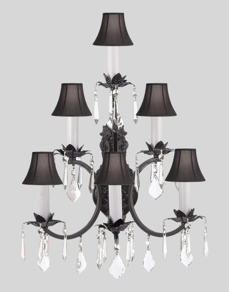 Swarovski Crystal Trimmed Wrought Iron 3 tier Wall Sconce! W16" x H24" w/Black Shades