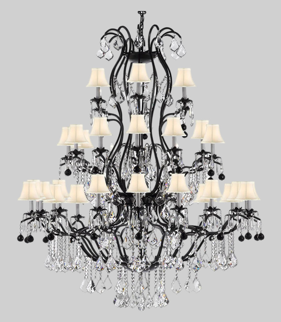 Large Wrought Iron Chandelier Chandeliers Lighting With Jet Black Crystal Balls! Great for the Entryway, Foyer, Family Room, Living Room! w/White Shades