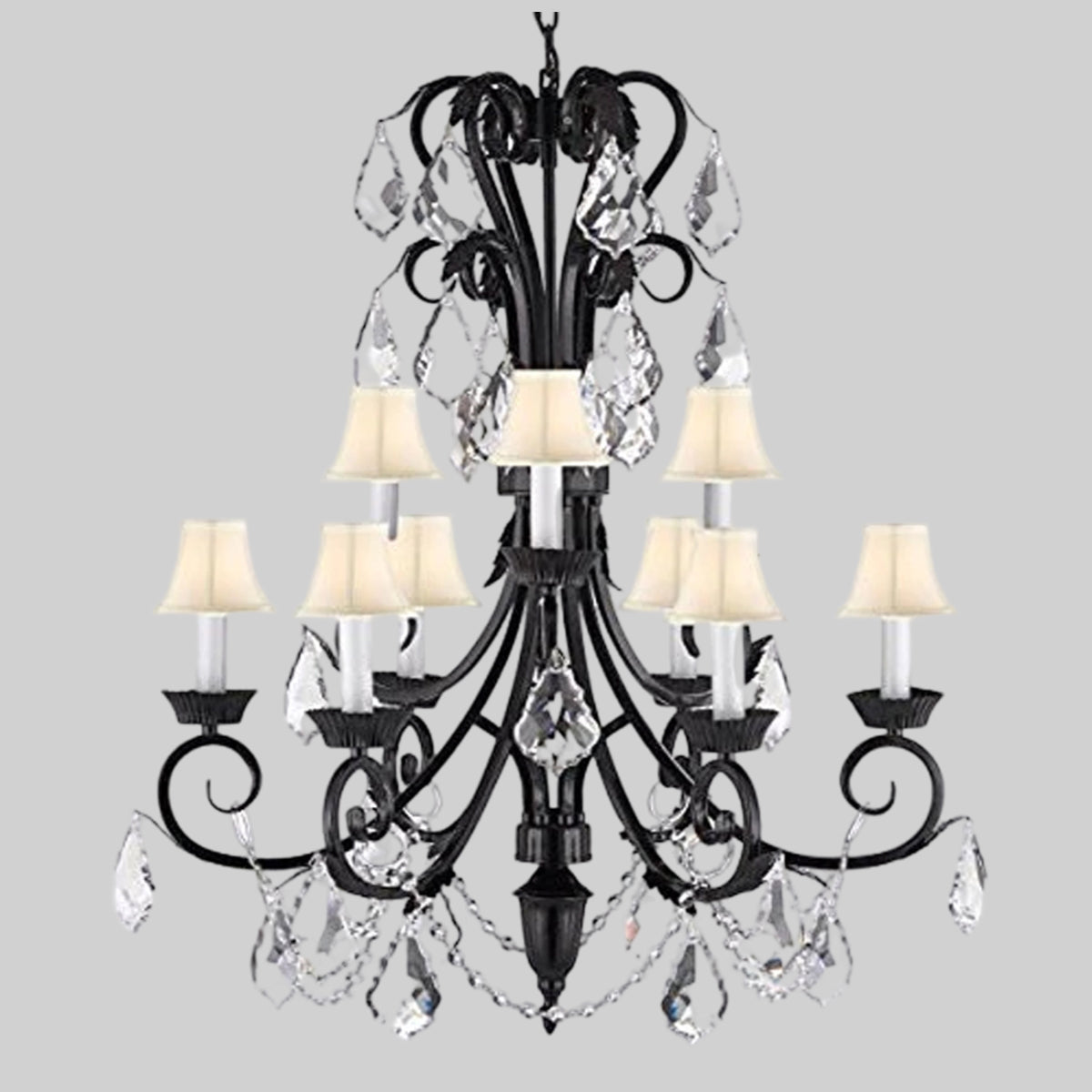 Foyer / Entryway Wrought Iron Empress Crystal (Tm) Chandelier Tall With Crystal And White Shades