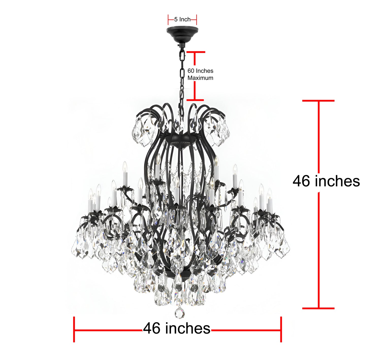 Chandelier with dimensions indicated on a white background