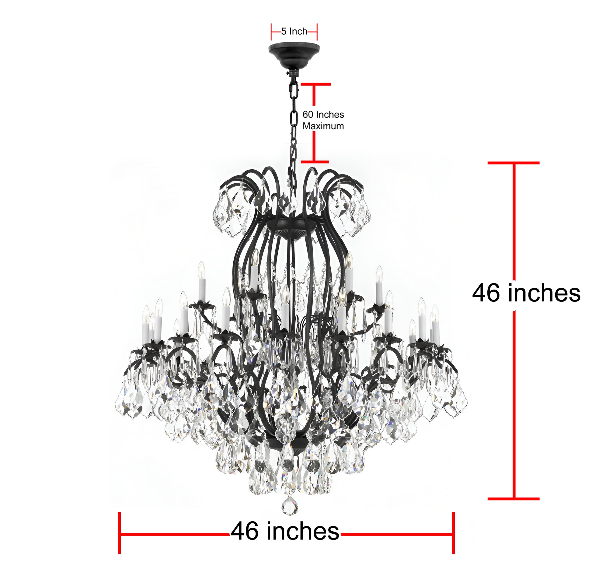 Chandelier with dimensions indicated on a white background