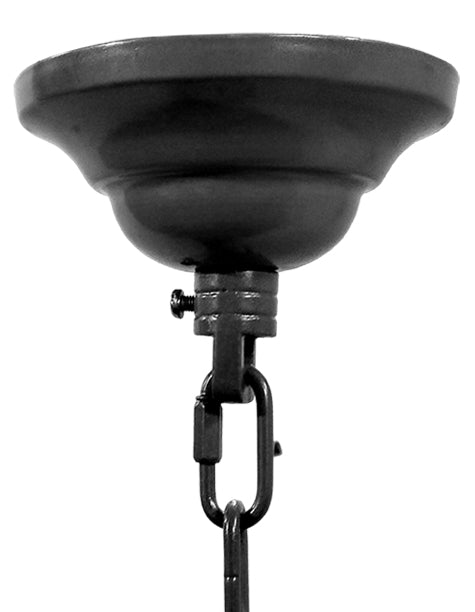 Black metal hook with a chain on a white background
