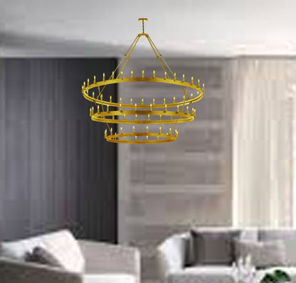 Wrought Iron Vintage Barn Metal Castile Three Tier Chandelier Chandeliers Industrial Loft Rustic Lighting W 70" H 66" - Gold - 199609003