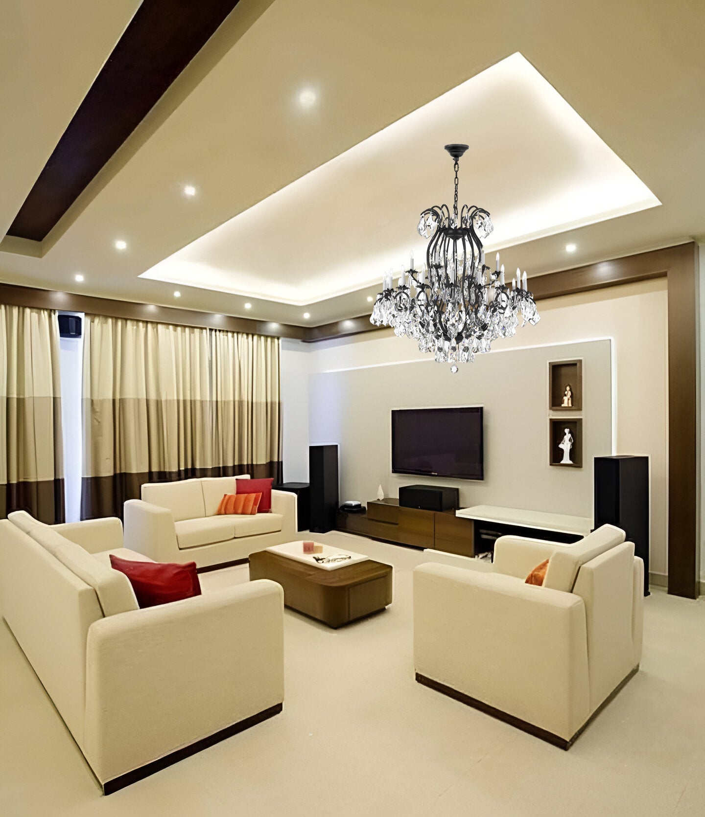 Modern living room with beige walls, chandelier, and beige sofa set.