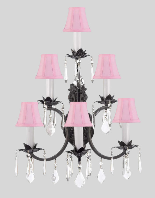 Wrought Iron Wall Sconce Crystal Lighting 3 Tier Wall Sconces W16" x H24" w/Pink Shades