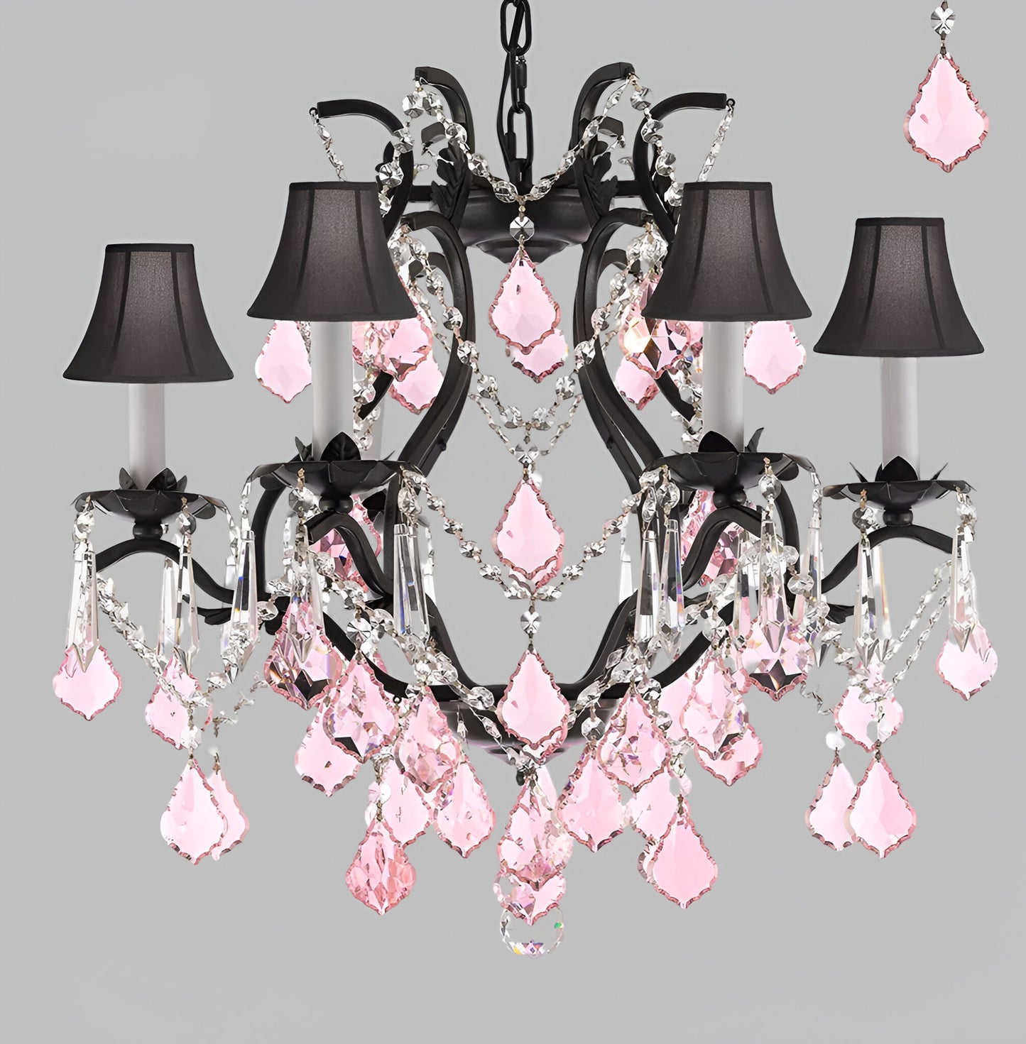 Wrought Iron Crystal Chandelier Lighting Chandeliers H19" x W20" Dressed with Pink Crystals and Black Shades! Great for Bedroom, Kitchen, Dining Room, Living Room, and more!