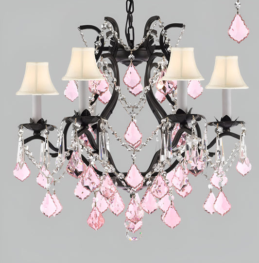 Wrought Iron Crystal Chandelier Lighting Chandeliers H19" x W20" Dressed with Pink Crystals and White Shades! Great for Bedroom, Kitchen, Dining Room, Living Room, and more!