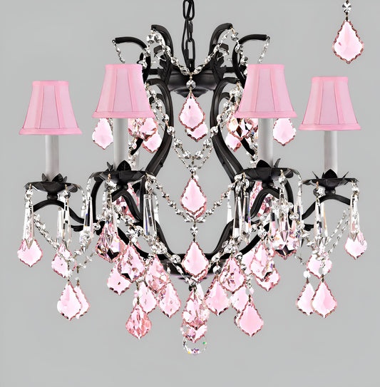 Wrought Iron Crystal Chandelier Lighting Chandeliers H19" x W20" Dressed with Pink Crystals and Pink Shades! Great for Bedroom, Kitchen, Dining Room, Living Room, and more!