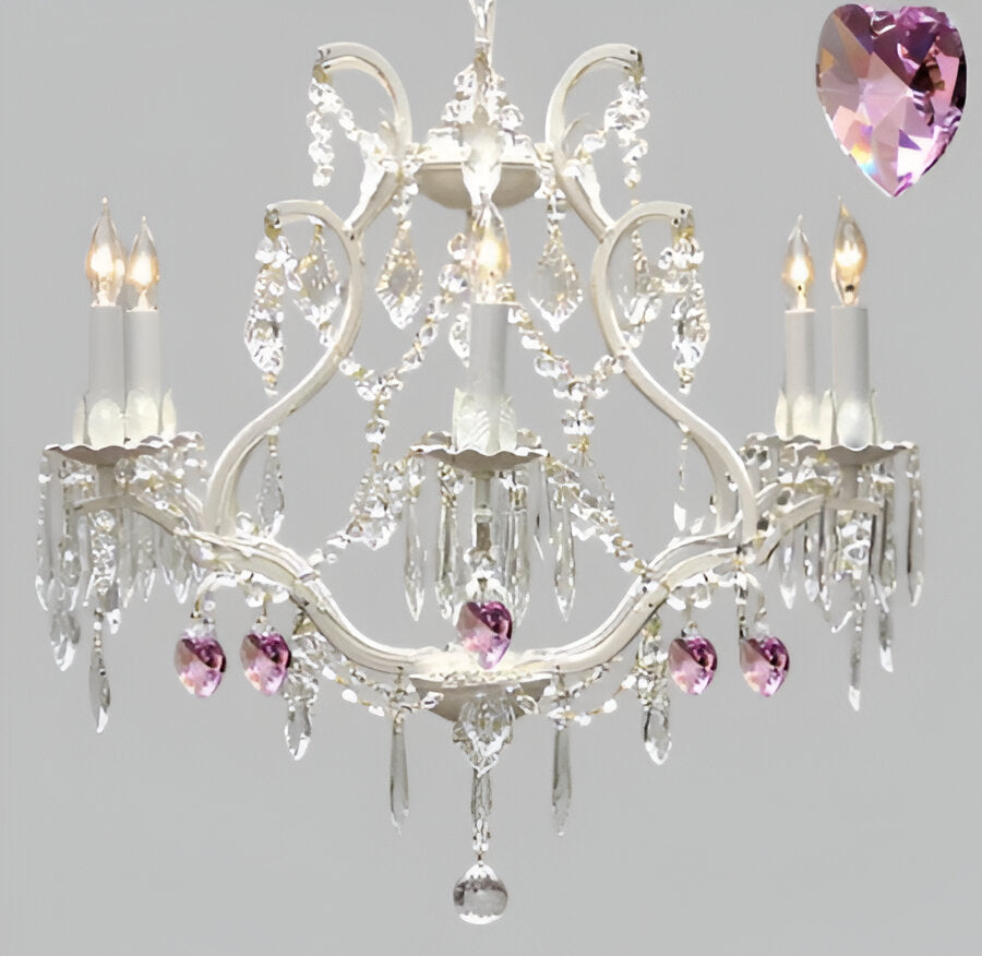 Wrought Iron &amp; Crystal Chandelier Authentic Empress Crystal(Tm) Chandelier With Pink Hearts Nursery Kids Girls Bedrooms Kitchen Etc.