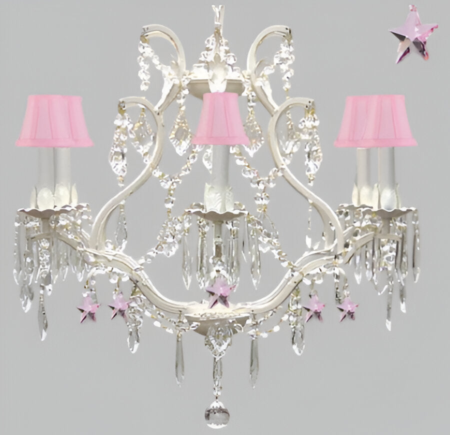 Wrought Iron &amp; Crystal Chandelier Authentic Empress Crystal(Tm) Chandelier With Pink Stars Nursery Kids Girls Bedrooms Kitchen Etc. With Pink Shades