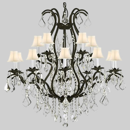 Swarovski Wrought Iron Chandelier Crystal Chandeliers Lighting Crystal&nbsp; With White Shades! Great for Dining room, Entryway / Foyer, or Living room!