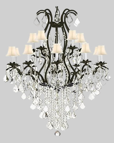 Swarovski Wrought Iron Chandelier Crystal Chandeliers Lighting Crystal&nbsp; With White Shades! Great for Dining room, Entryway / Foyer, or Living room!