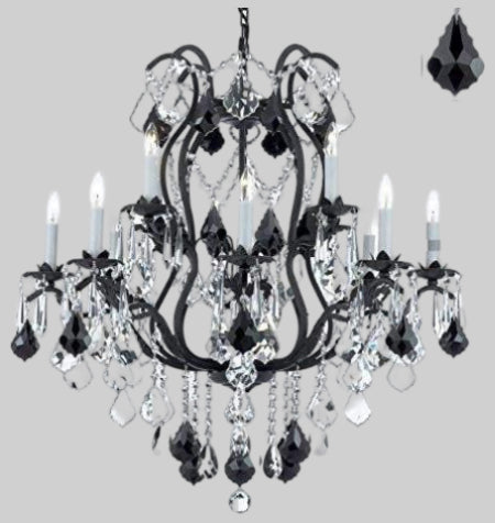 Wrought Iron Crystal Chandelier Lighting Chandeliers Dressed with Jet Black Crystals!