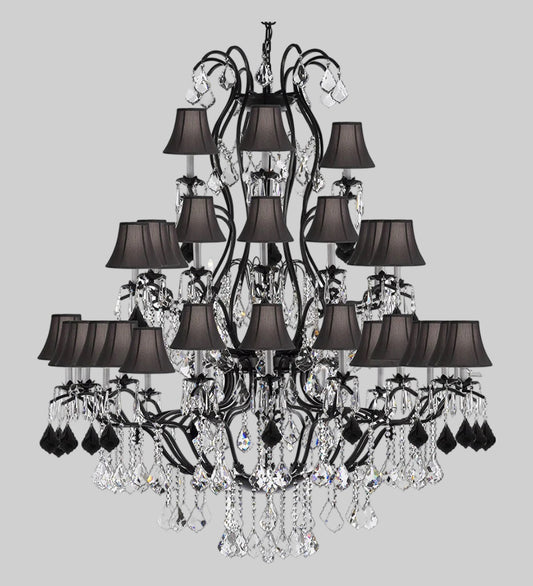 Large Wrought Iron Chandelier Chandeliers Lighting With Jet Black Crystals! Great for the Entryway, Foyer, Family Room, Living Room! w/Black Shades