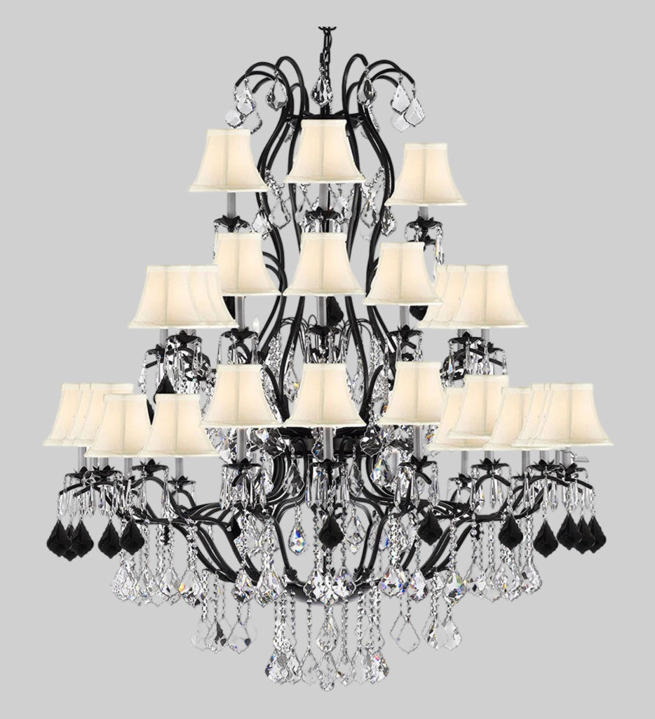 Large Wrought Iron Chandelier Chandeliers Lighting With Jet Black Crystals! Great for the Entryway, Foyer, Family Room, Living Room! w/White Shades