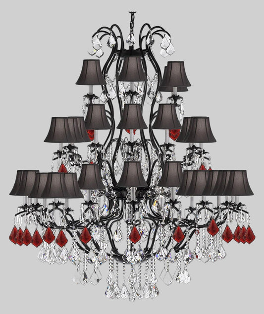 Large Wrought Iron Chandelier Chandeliers Lighting With Ruby Red Crystals! Great for the Entryway, Foyer, Family Room, Living Room! w/ Black Shades