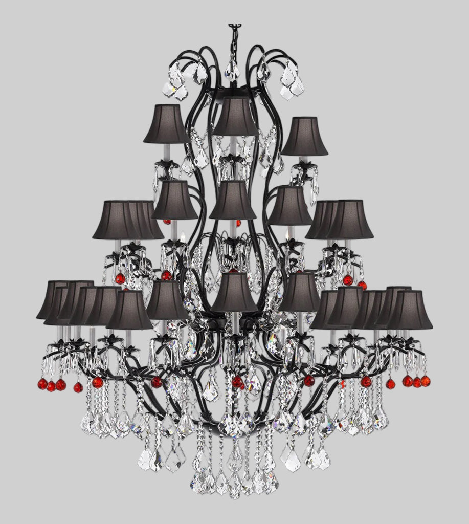 Large Wrought Iron Chandelier Chandeliers Lighting With Ruby Red Crystal Balls!&nbsp; Great for the Entryway, Foyer, Family Room, Living Room! w/ Black Shades