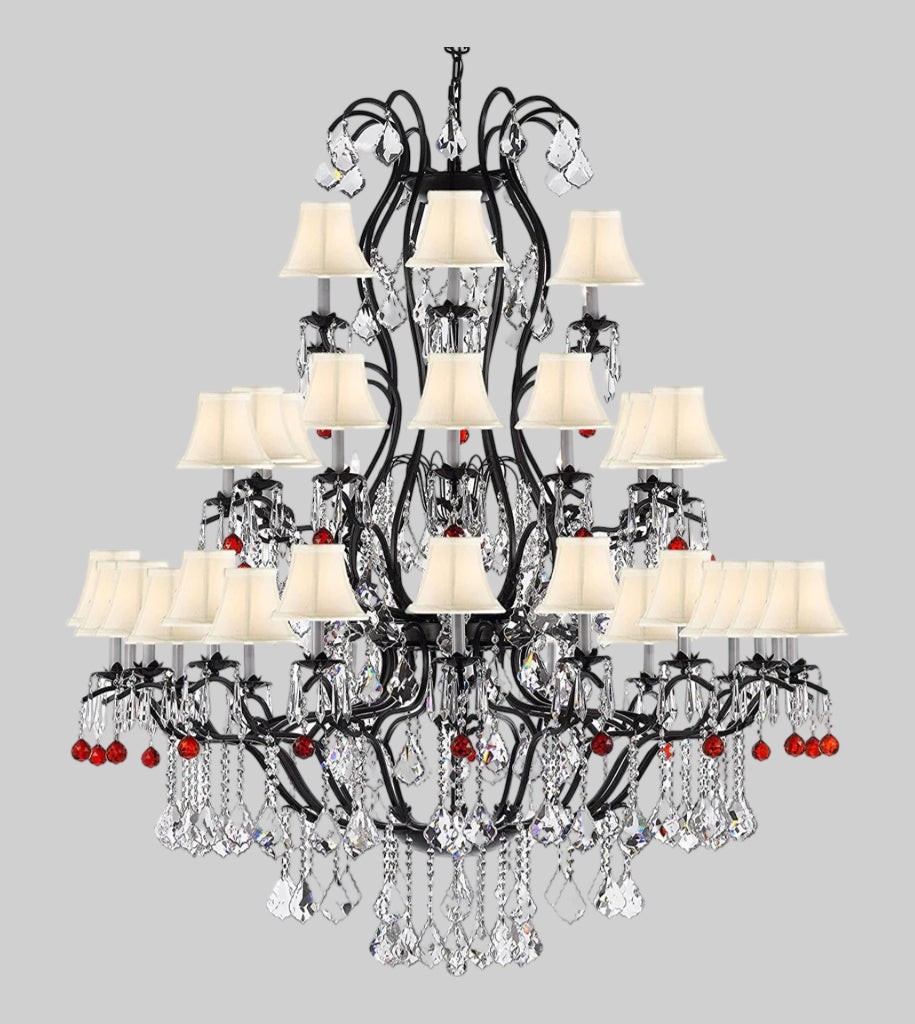 Large Wrought Iron Chandelier Chandeliers Lighting With Ruby Red Crystal Balls!&nbsp; Great for the Entryway, Foyer, Family Room, Living Room! w/White Shades