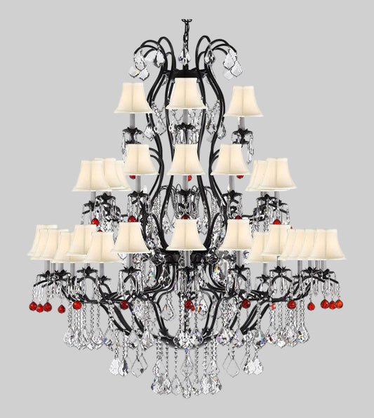 Large Wrought Iron Chandelier Chandeliers Lighting With Ruby Red Crystal Balls!&nbsp; Great for the Entryway, Foyer, Family Room, Living Room! w/White Shades