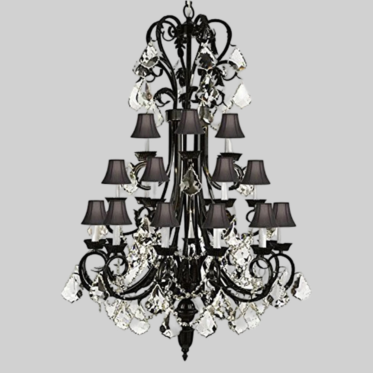 Foyer / Entryway Wrought Iron Chandelier Tall With Crystal And With Black Shades