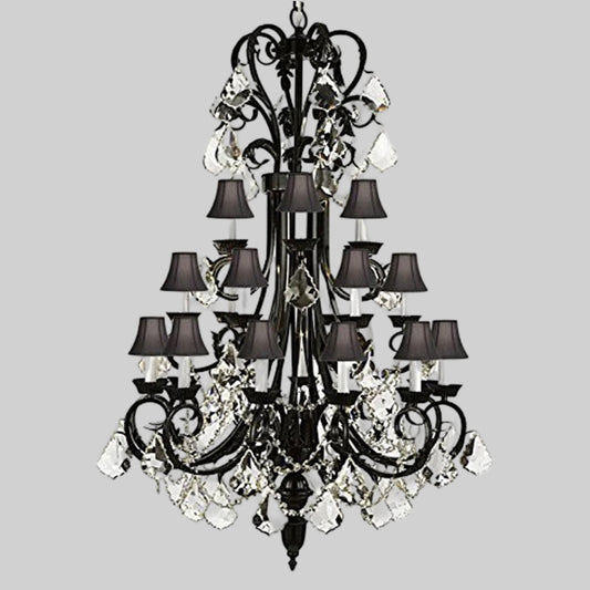 Foyer / Entryway Wrought Iron Chandelier Tall With Crystal And With Black Shades Trimmed With Spectra (Tm) Crystal - Reliable Crystal Quality By Swarovski