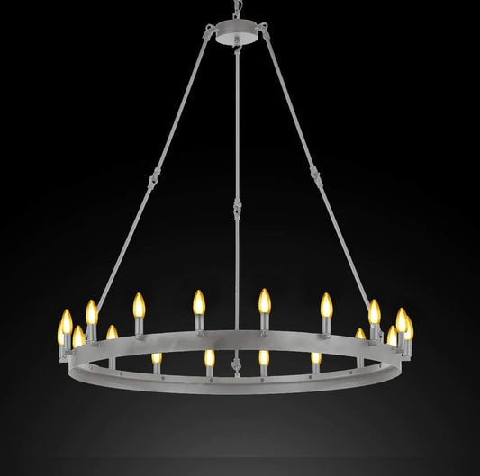 Infuse your living space with a touch of rustic charm and timeless elegance using the Wrought Iron Vintage Barn Metal Castile One Tier Chandelier. With its captivating design and generous dimensions of W38" x H40", this chandelier is a striking addition to industrial loft and rustic-themed interiors.