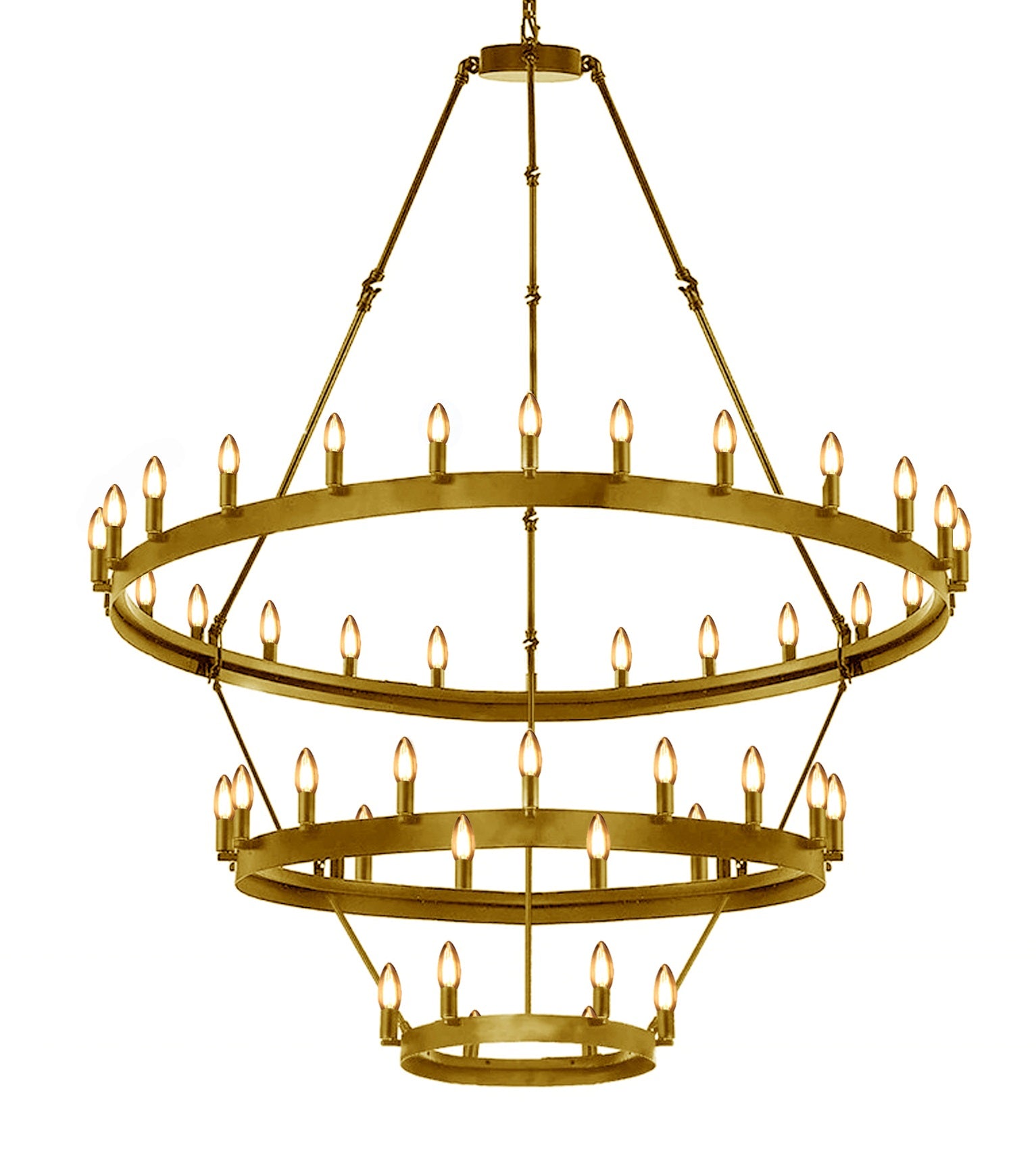 Elevate your interior with the enchanting glow of the Wrought Iron Vintage Barn Metal Castile Three Tier Chandelier. This stunning chandelier, designed for industrial loft and rustic settings, features a three-tiered arrangement that adds a touch of grandeur to your space. With a size of W38" x H65" and a total of 36 lights, it becomes a focal point of brilliance in any room.