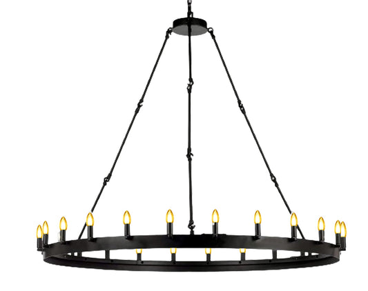 Introducing the Wrought Iron Vintage Barn Metal Castile One Tier Chandelier, a stunning lighting fixture that effortlessly combines industrial loft aesthetics with rustic charm. Measuring at W50" x H48", this chandelier boasts a captivating design and functional features that make it a perfect addition to your living space.