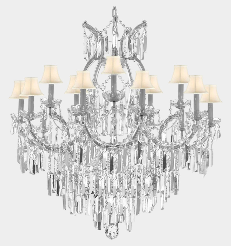 Maria Theresa Chandelier Crystal Lighting Chandeliers w/Optical Quality Fringe Prisms! Great for the Dining Room, Foyer, Entry Way, Living Room! w/White Shades