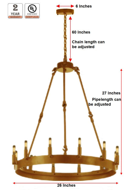 Wrought Iron Vintage Barn Metal Castile One Tier Chandelier Chandeliers Industrial Loft Rustic Lighting Gold Finish (W 26" H 27") - 199501203