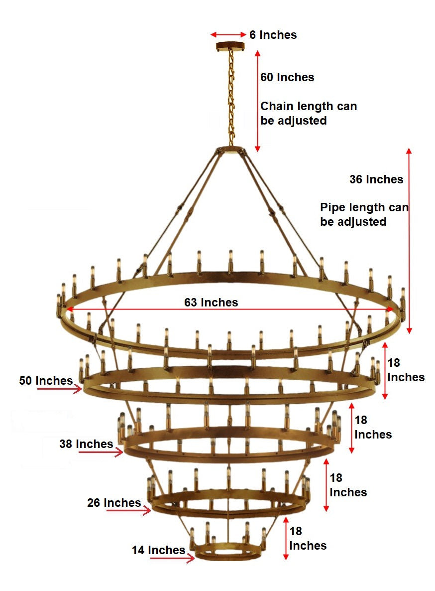 Grand Illumination Wrought Iron Vintage Barn Metal Castile Five-Tier Chandelier for Industrial Loft Spaces Gold Finish (W 63" H 87") - 199509003