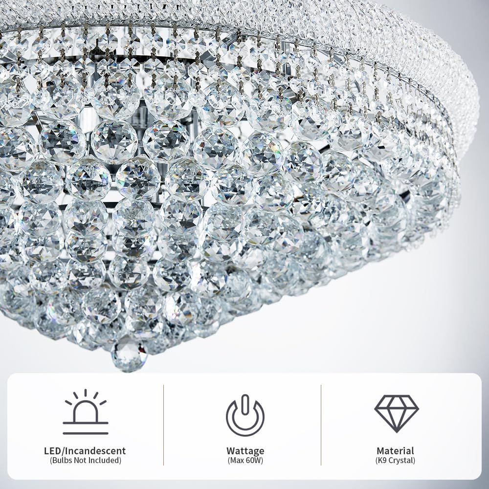 Crystal ceiling light fixture with LED/incandescent, wattage, and material indicators.