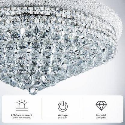 Crystal ceiling light fixture with LED/incandescent, wattage, and material indicators.