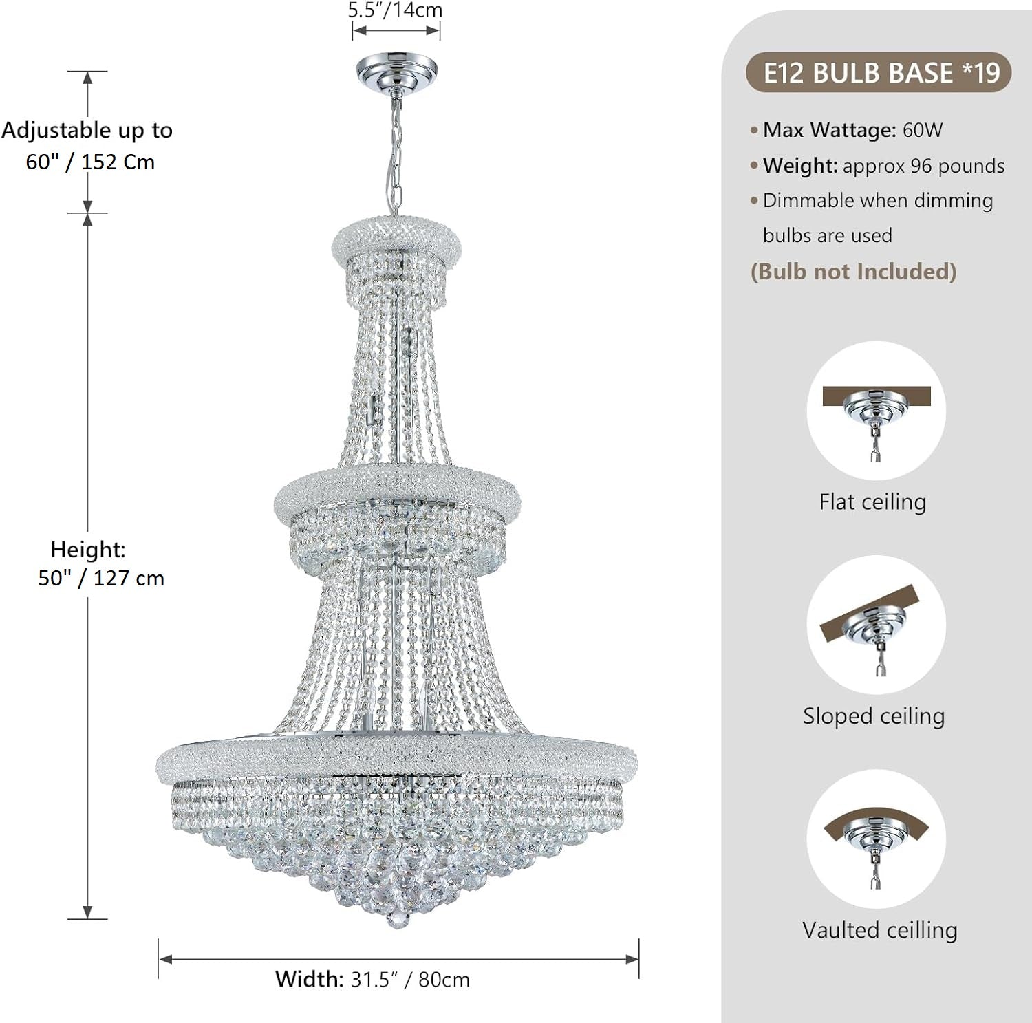 Chandelier with dimensions, bulb base information, and ceiling installation options on a gray background.
