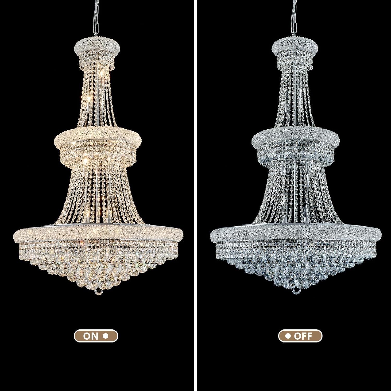 Chandelier shown in 'On' and 'Off' states against a black background